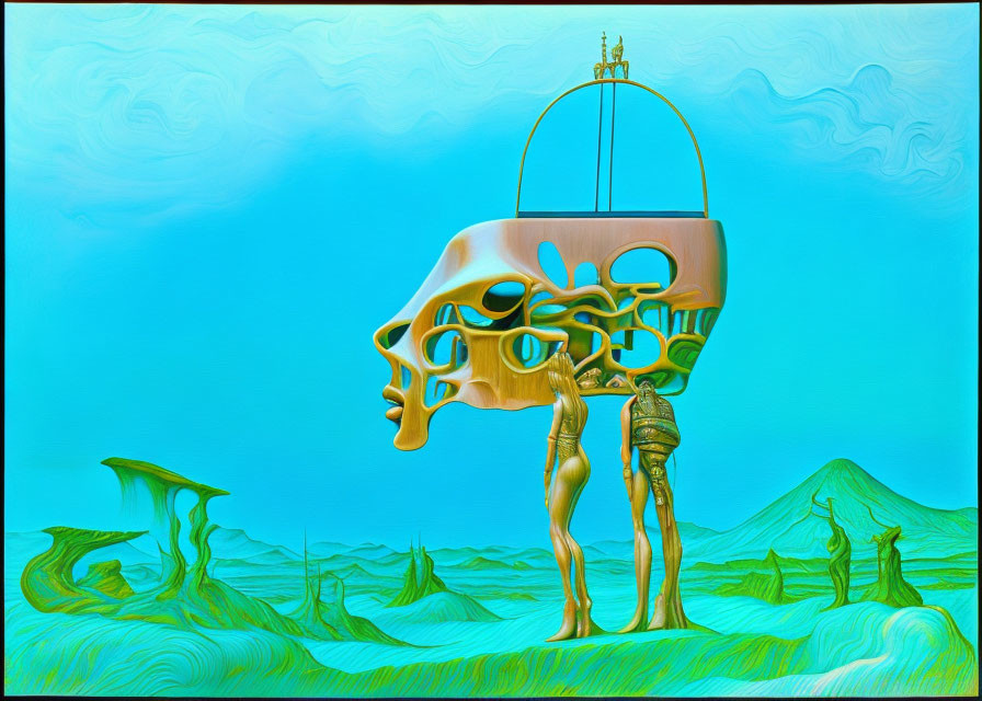 Surreal landscape with skull-like structure and human figure against blue sky