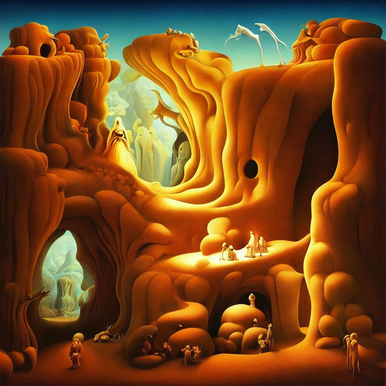 Surreal Warm-Toned Painting of Organic Cave Landscape with Anthropomorphic Figures