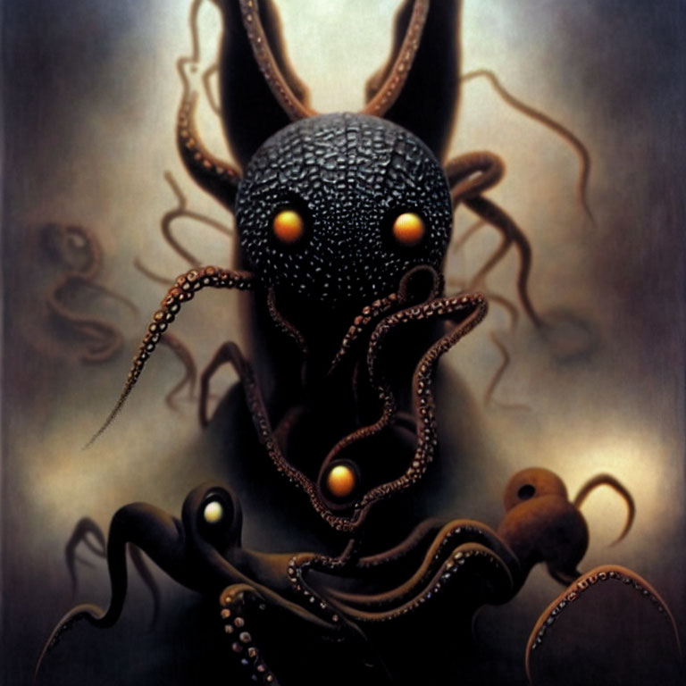 Dark textured creature with glowing eyes and tentacles on murky background