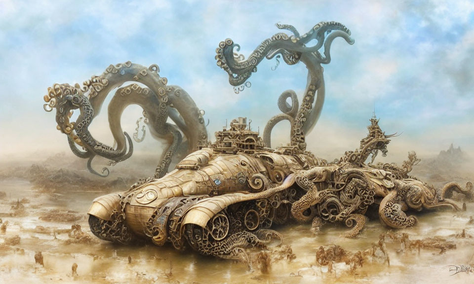 Steampunk-style illustration of a mechanical octopus on barren landscape