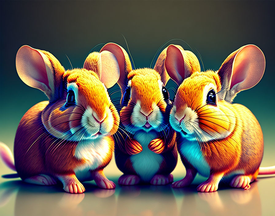 Three Colorful Cartoon Rabbits with Expressive Eyes and Oversized Ears