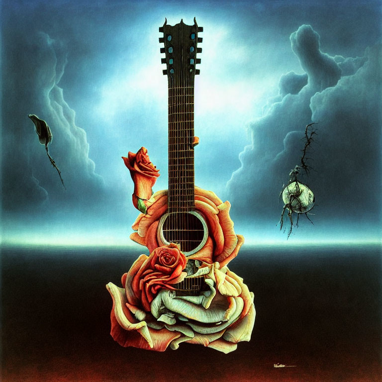 Surreal guitar emerging from rose with skull on blue sky background