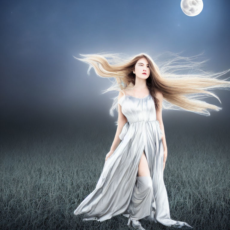 Woman in white dress under night sky with flowing hair