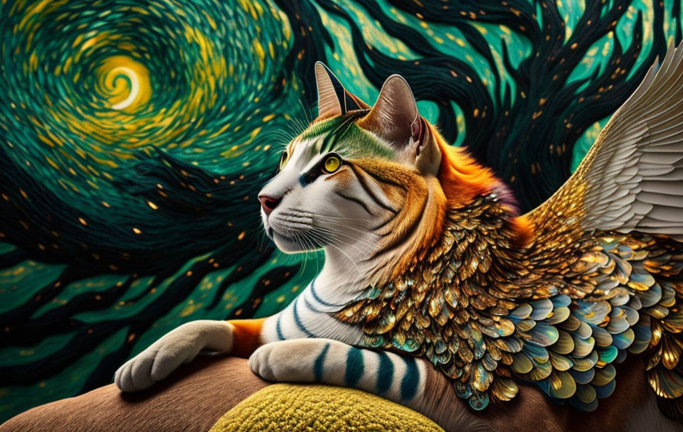Winged cat in Van Gogh-inspired swirl-patterned backdrop
