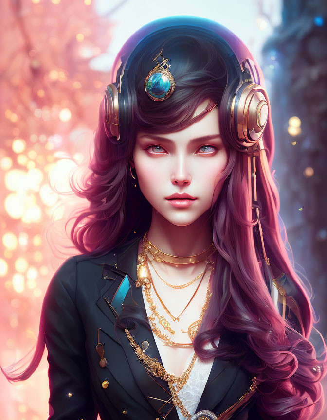 Digital portrait of woman with purple hair and headphones in mystical autumn setting