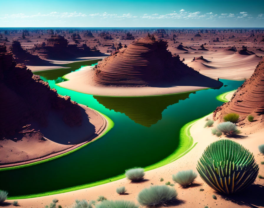 Scenic green river in desert with sand formations