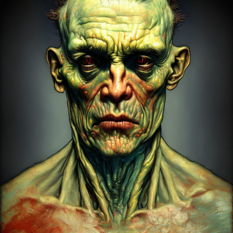 Monstrous humanoid figure with greenish skin and red eyes