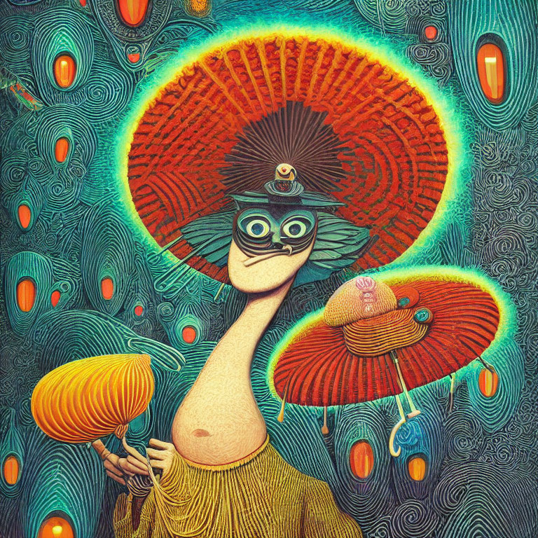 Colorful surreal illustration: Figure with elongated neck, sunhat, sunglasses, holding a pumpkin.