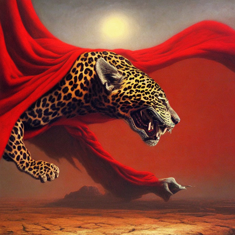 Surreal artwork: leaping jaguar with red cape under hazy sun