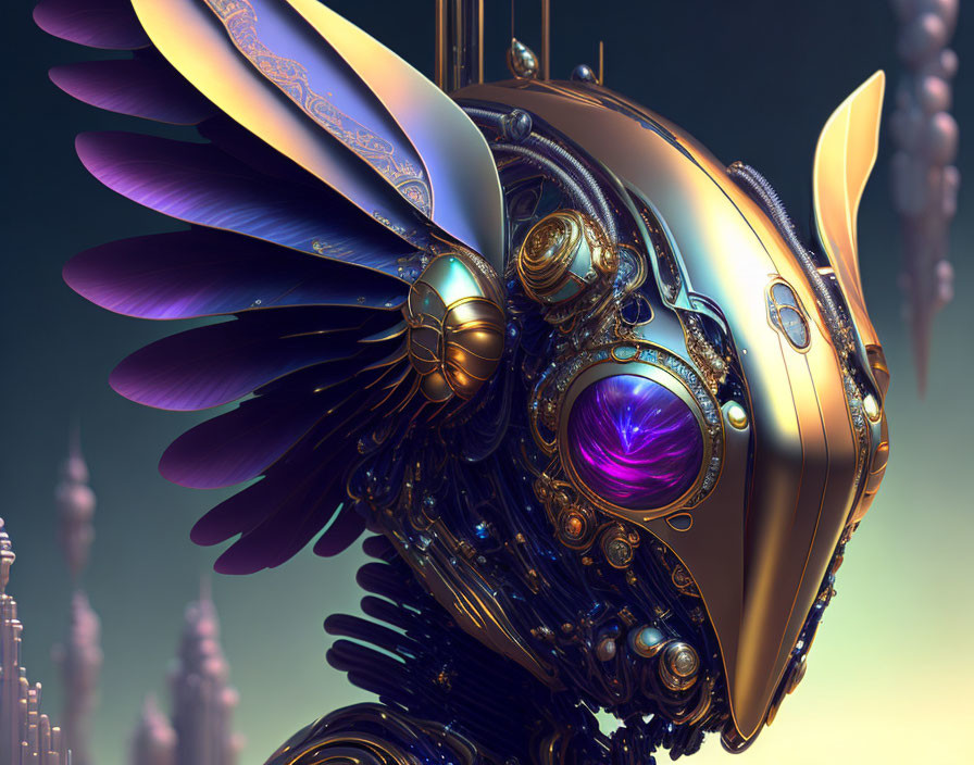 Detailed 3D Rendering of Mechanical Bird with Golden Head and Iridescent Feathers Among Futuristic