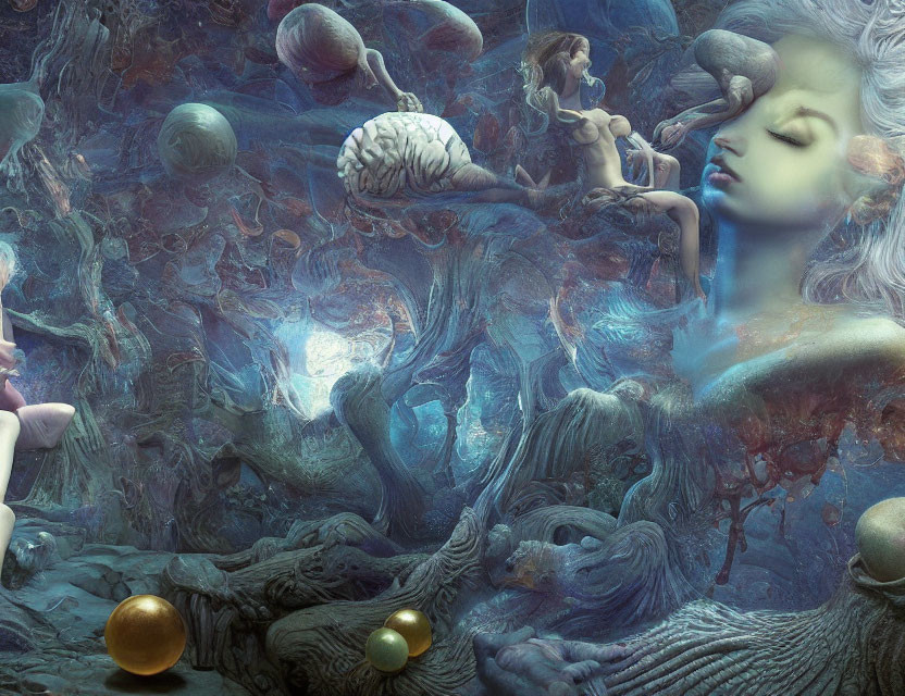 Surreal artwork: Giant woman's face merges with tree, orbs, brain, figures, textures