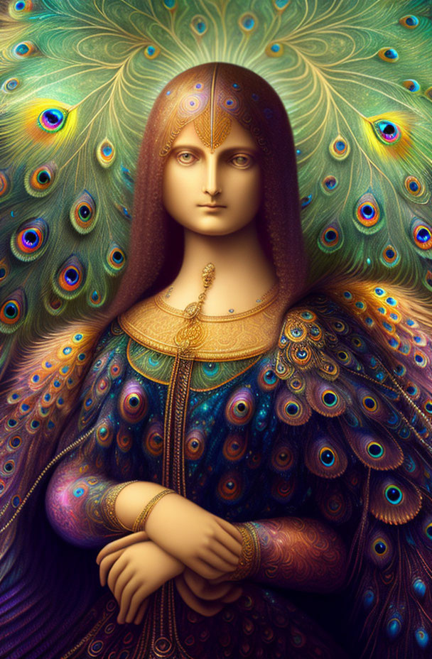 Surreal portrait of woman with peacock feathers and intricate patterns