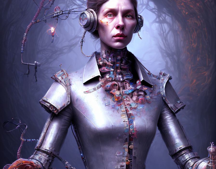 Female robot in metallic outfit with exposed wiring and headphones gazes ahead.