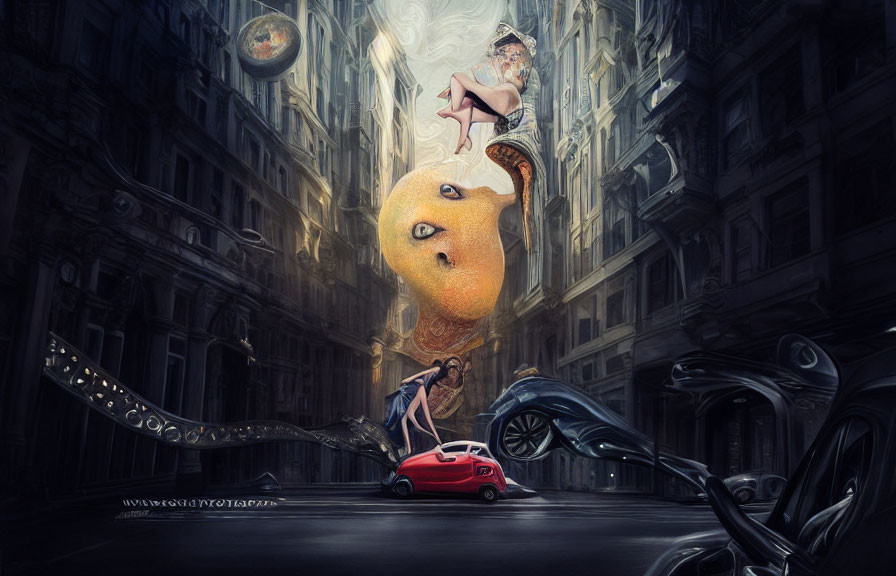 Surreal cityscape with woman, floating fish, red car, whimsical architecture