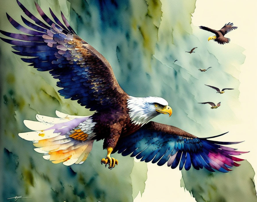 Colorful Watercolor Painting of Eagle in Flight with Rainbow Wings
