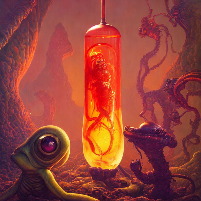 Surreal illustration of alien creature and serpentine entities with amber specimen