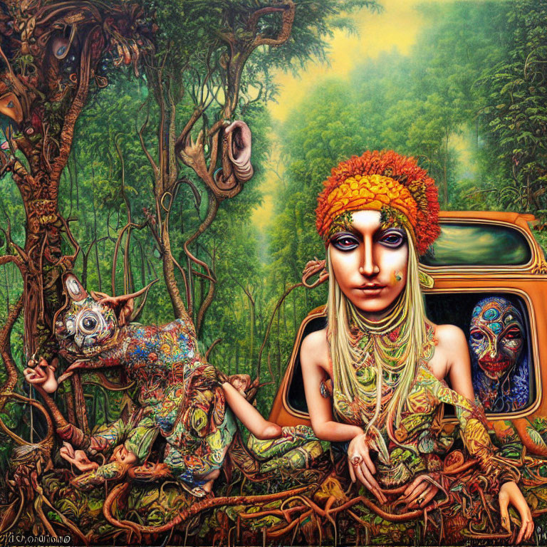 Surrealist painting: Elaborate face paint, forest, TV, fantastic creatures