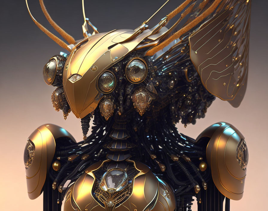 Detailed Close-Up of Golden Exoskeleton Mechanized Insect