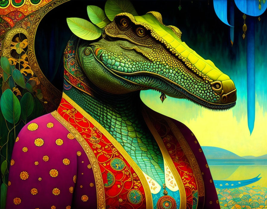 Colorful anthropomorphized alligator in traditional attire with intricate patterns on vibrant backdrop