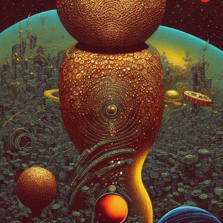 Surreal cosmic scene with intricate structures and spheres in starry backdrop