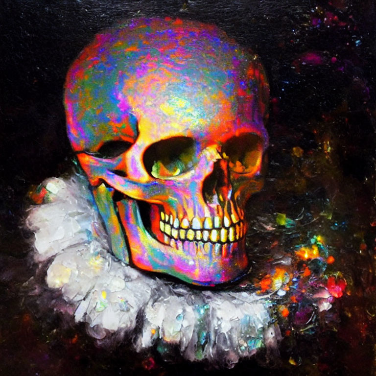 Colorful iridescent skull with white collar on textured background