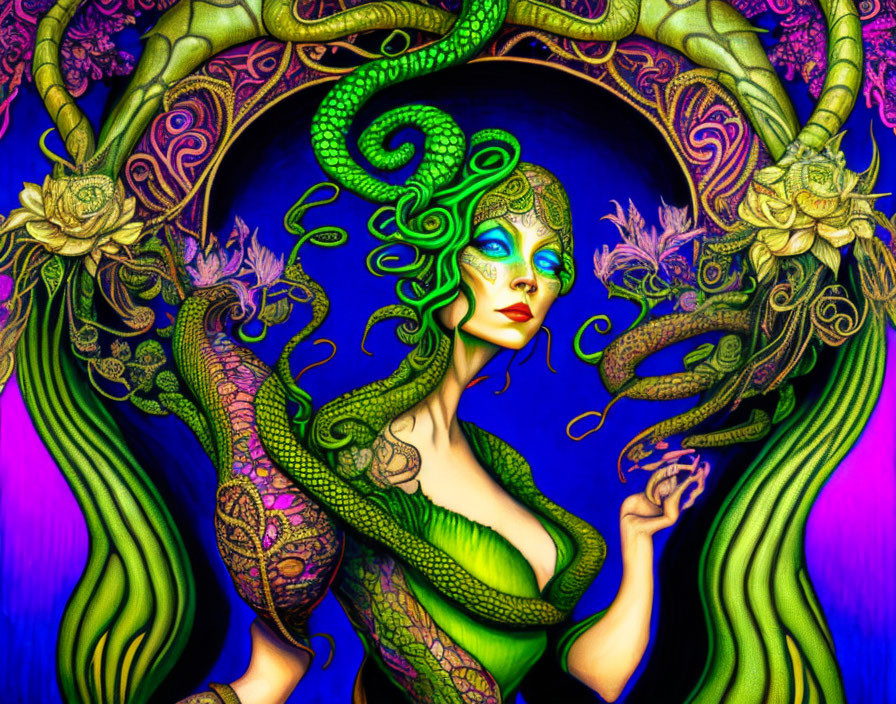 Vibrant digital artwork featuring Medusa-like figure with serpents and floral patterns