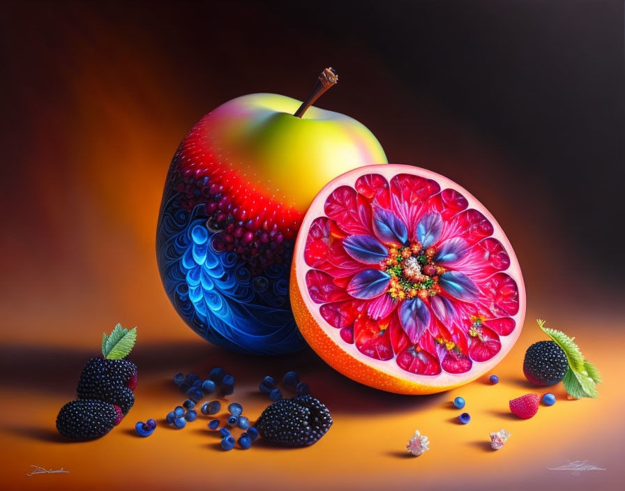 Colorful Surreal Still Life with Apple, Grapefruit, Flowers, Berries, and Popcorn