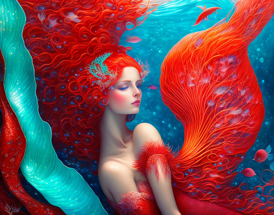 Vivid Mermaid Illustration with Red Hair and Fish in Blue Sea