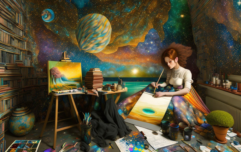 Woman painting cosmic landscape in room with books, art supplies, celestial theme.