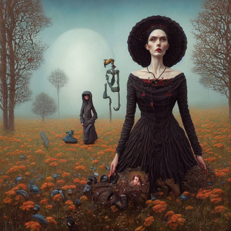 Gothic woman with parasol in surreal pumpkin field with floating figure under large moon