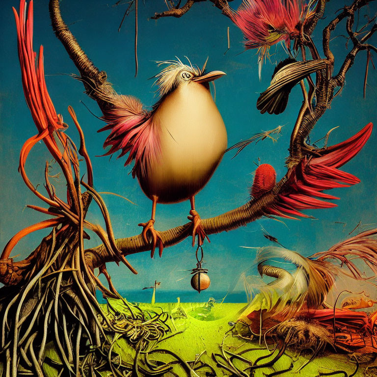 Colorful Surreal Illustration of Plump Bird in Whimsical Setting