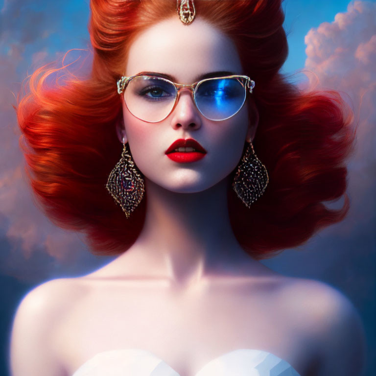 Vibrant red-haired woman in blue-tinted glasses under cloudy sky