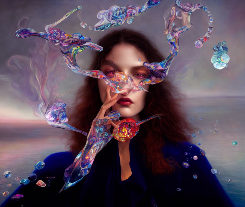 Dark-haired woman surrounded by colorful abstract shapes in dreamlike scene