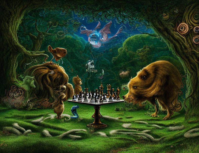Fantastical creatures playing chess in enchanted forest