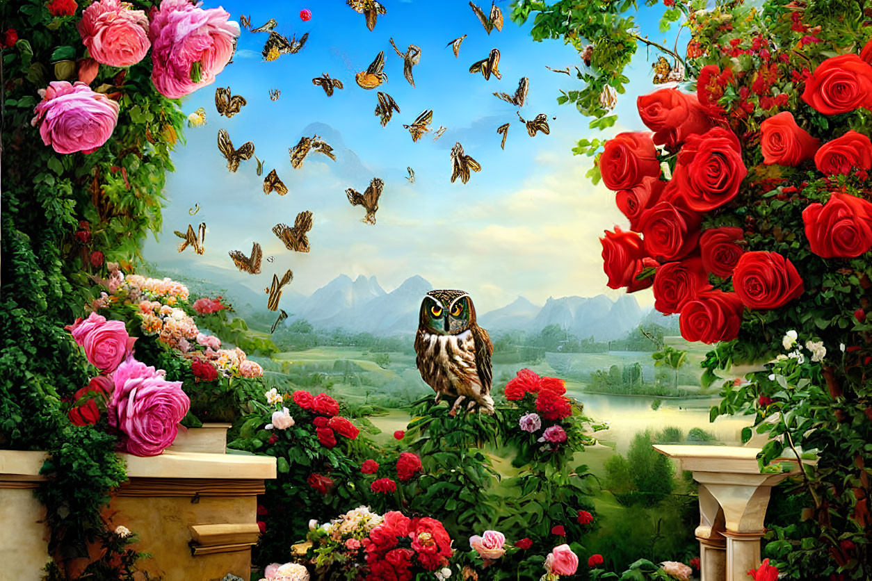 Fantastical garden with roses, butterflies, owl, and mountains under blue sky