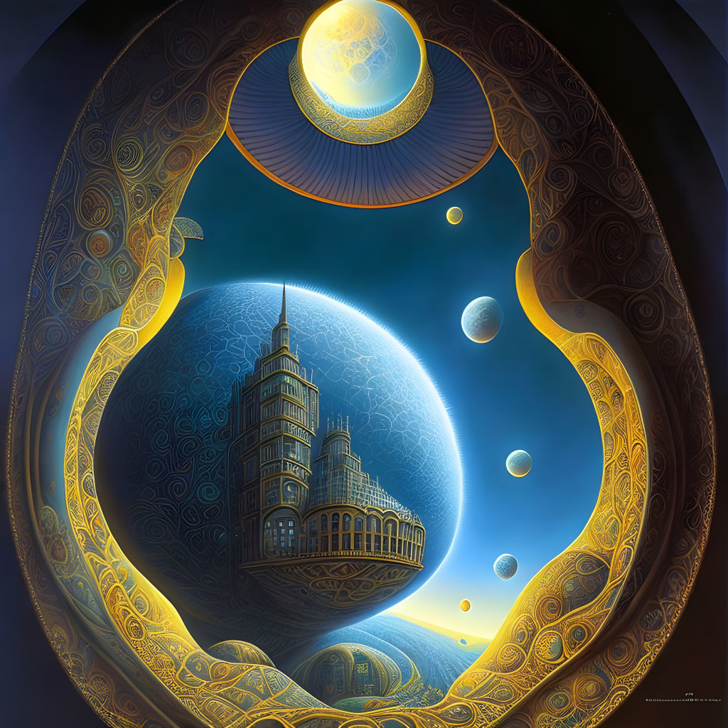 Surreal Artwork: Castle on Celestial Body with Moons and Snake Creature