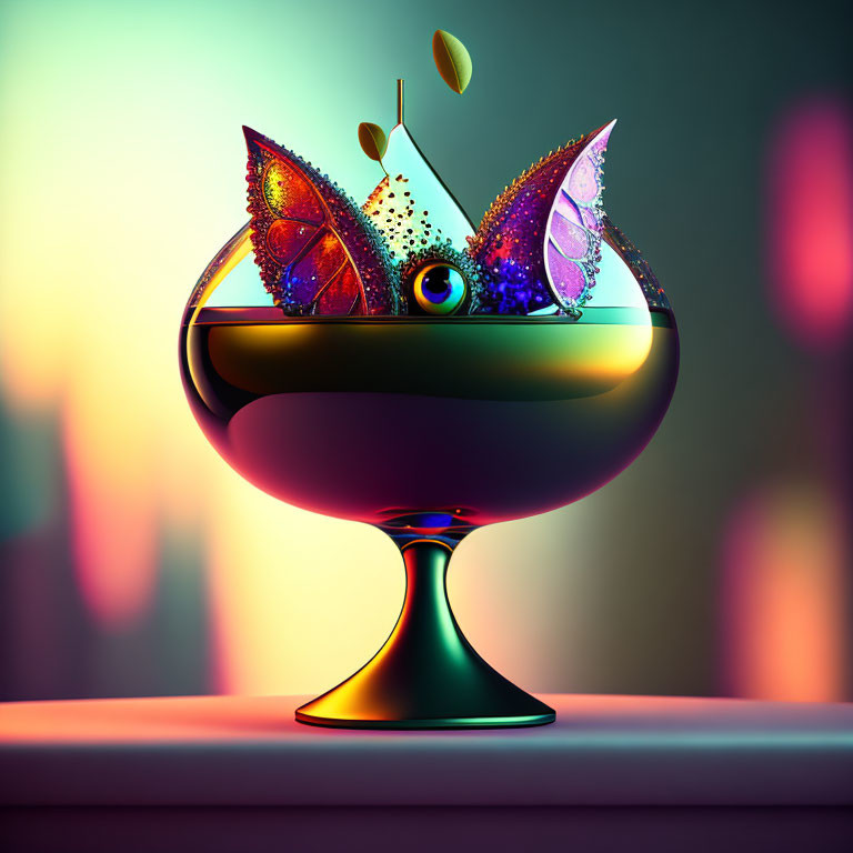 Surreal chalice with eye, butterfly wings, splashes, and leaves on urban backdrop