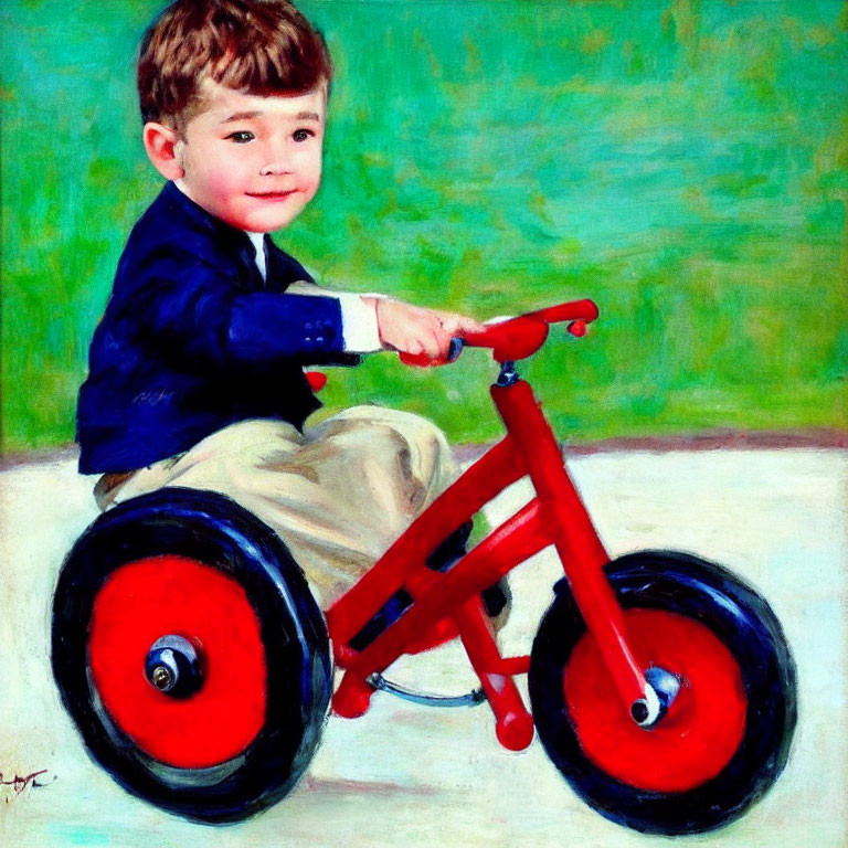 Young child on red tricycle in blue jacket and beige pants on green background