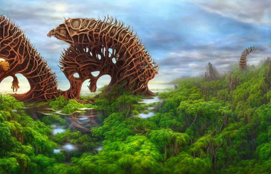 Fantastical landscape featuring towering tree-like creatures in lush green forest