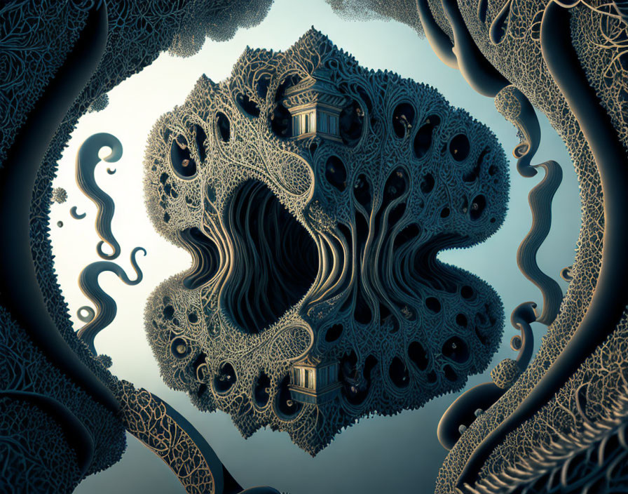 Intricate Fractal Design with Swirling Patterns and Architectural Elements