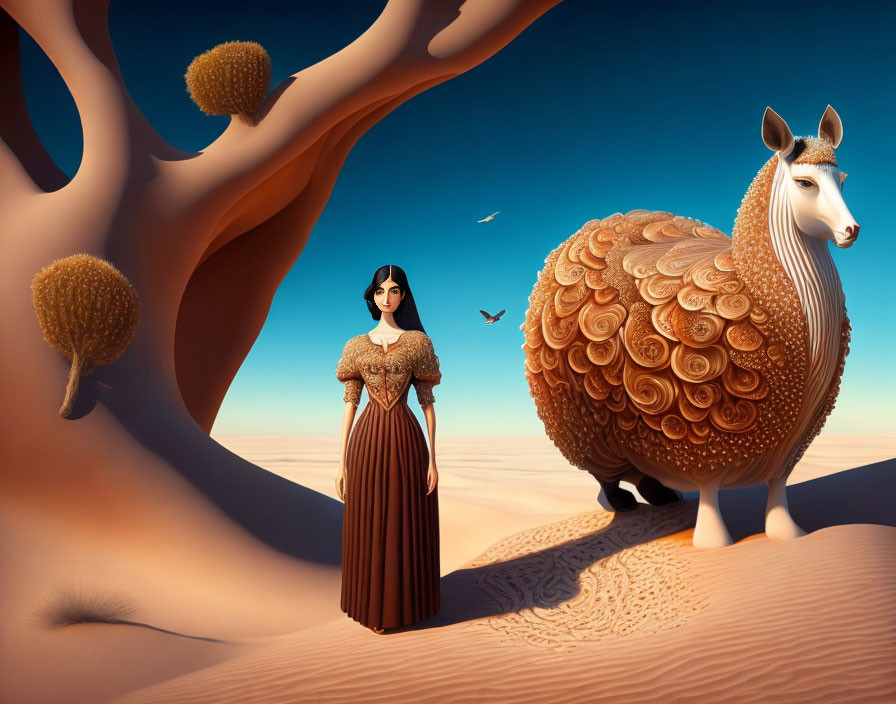 Illustration of woman in vintage dress with alpaca in desert landscape