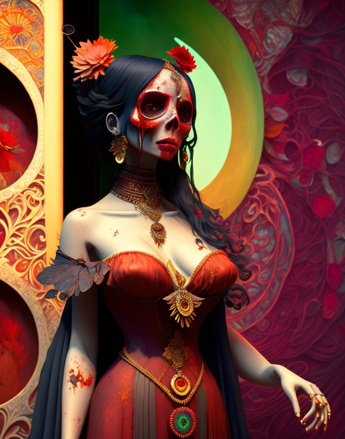 Stylized female figure with skull makeup and red accents in elegant attire against vibrant ornate background