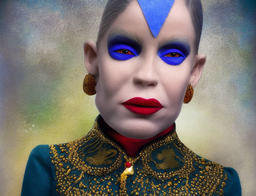 Portrait of a person with blue triangle makeup, bright eyeshadow, red lipstick, and gold attire