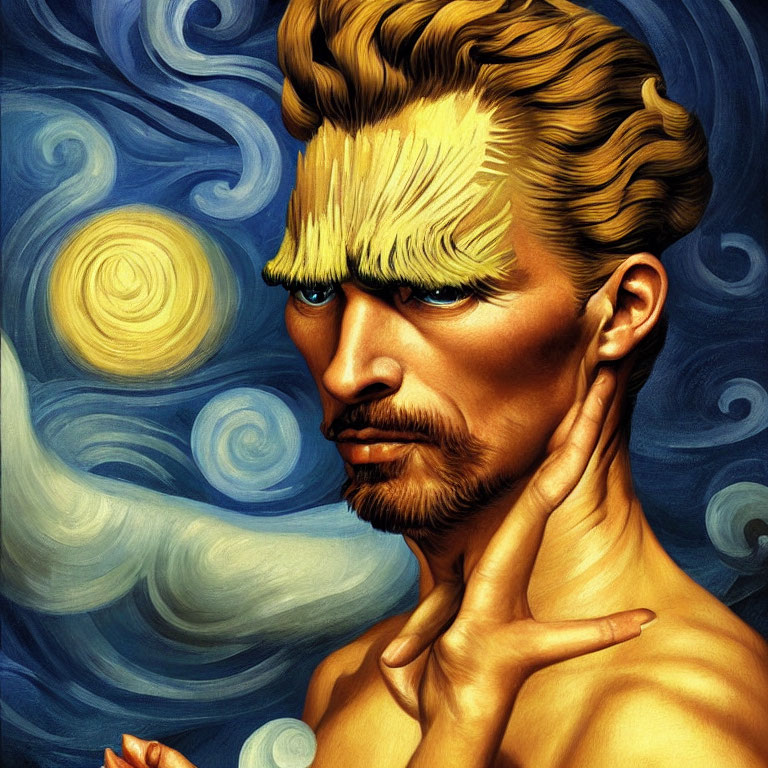 Person with swirly patterns reminiscent of "Starry Night" in hair and background