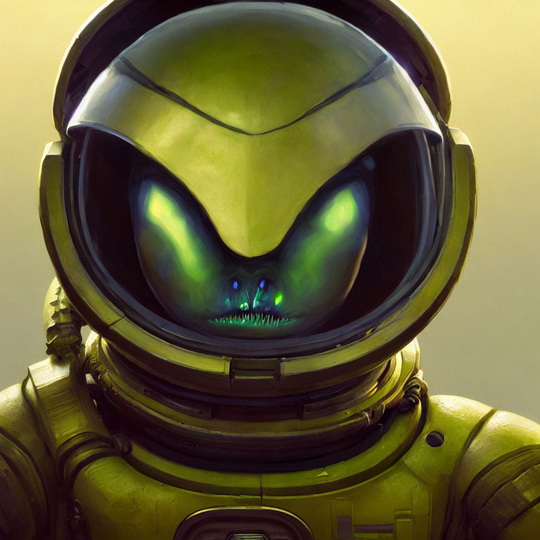 Alien in yellow space suit with large helmet and green eyes