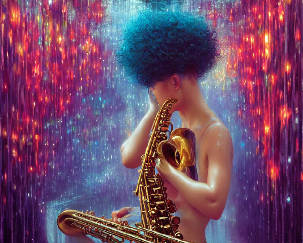 Blue Afro Person Playing Saxophone in Colorful Motion Background