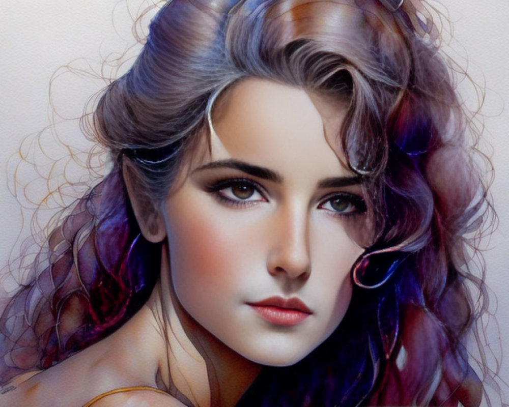 Multicolored hair woman with striking blue eyes in digital art