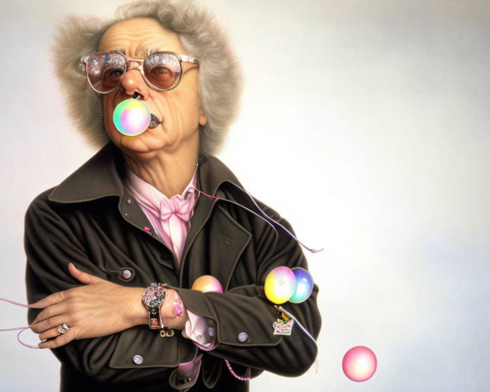 Elderly woman illustration with exaggerated features and bubble gum bubble.