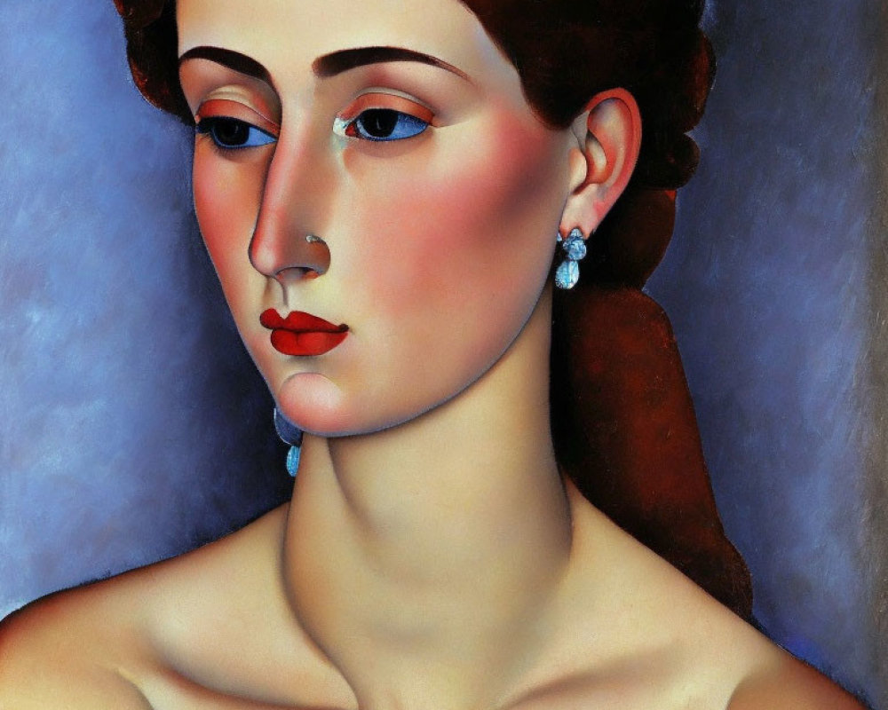 Portrait of a woman with blue earrings, red lips, and stylized features on blue background