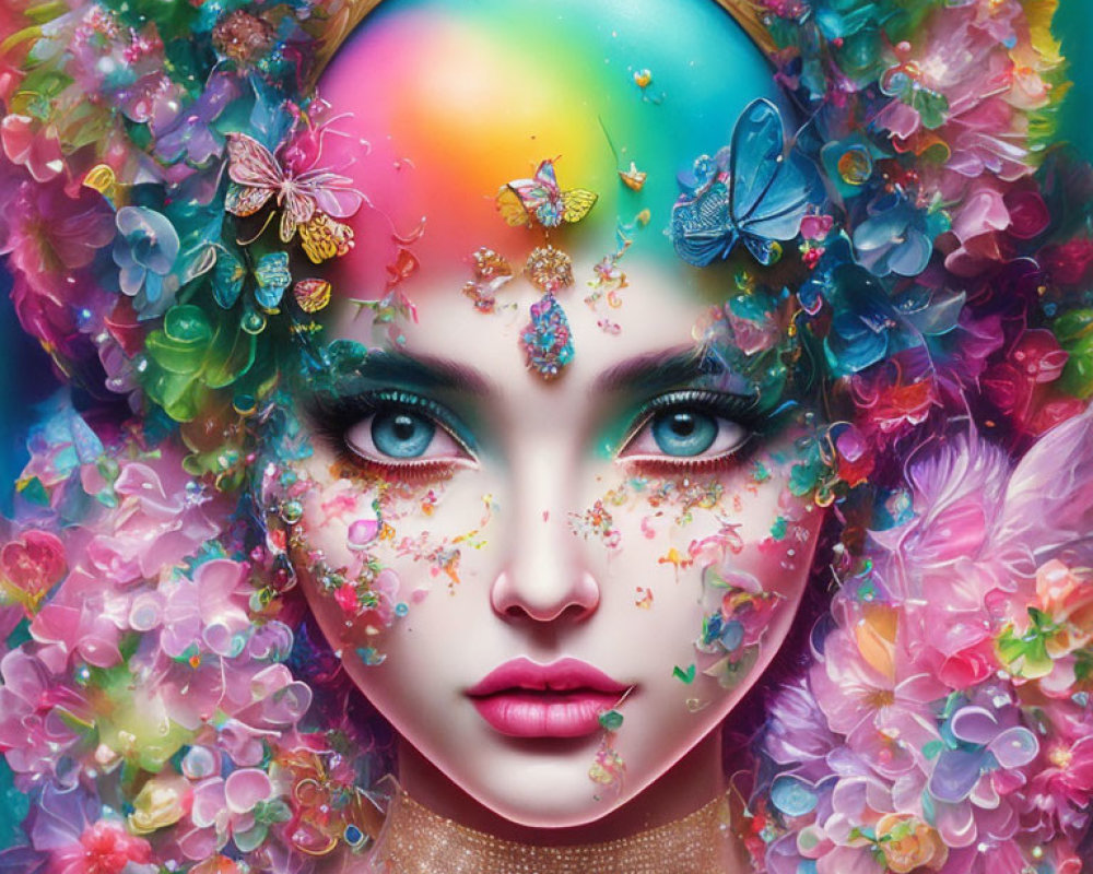 Vibrant rainbow-colored makeup on surreal portrait person